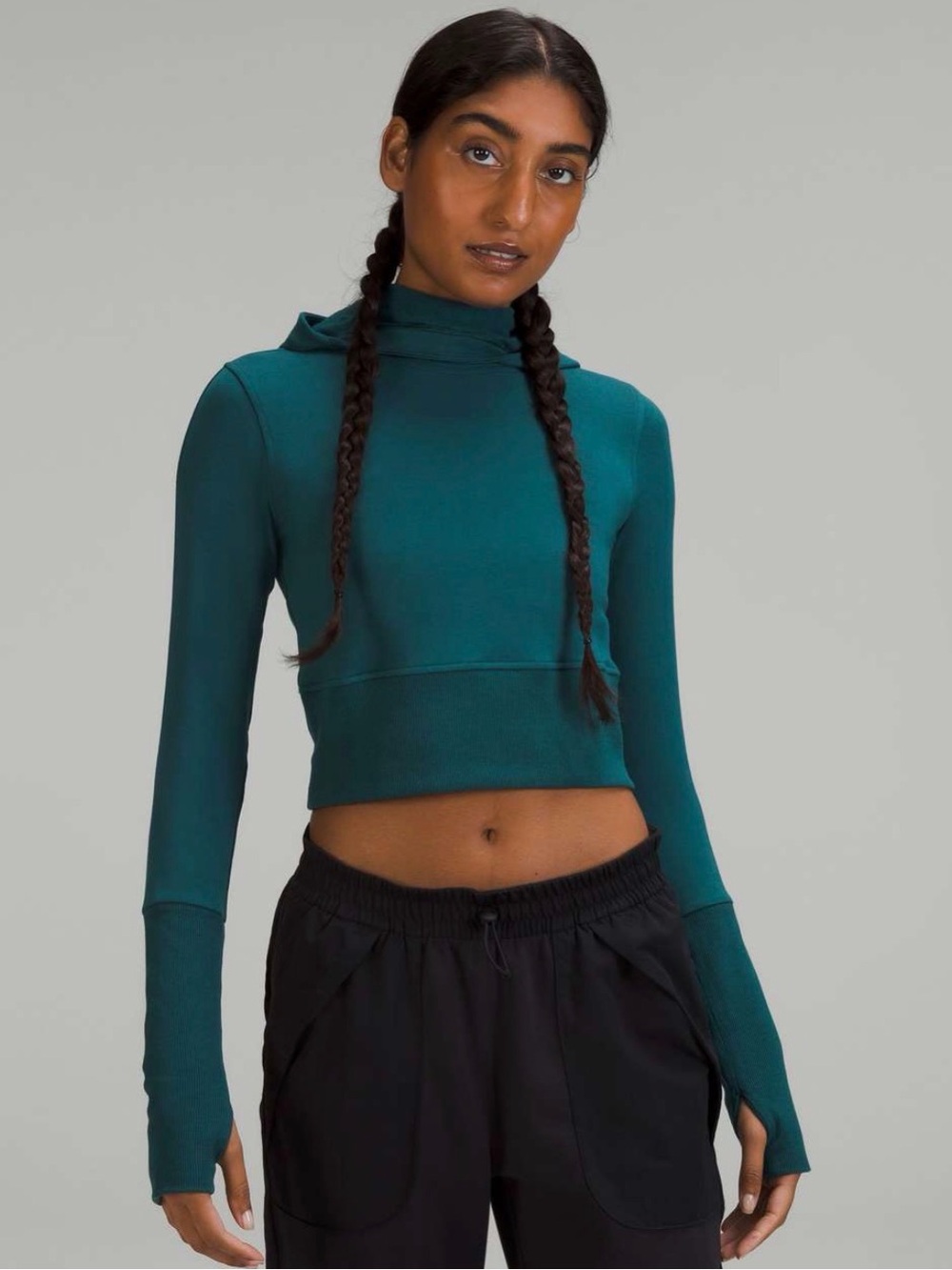 Lululemon Cropped Long Sleeve Modal Fleece Hoodie Top Size 4 Green Jasper